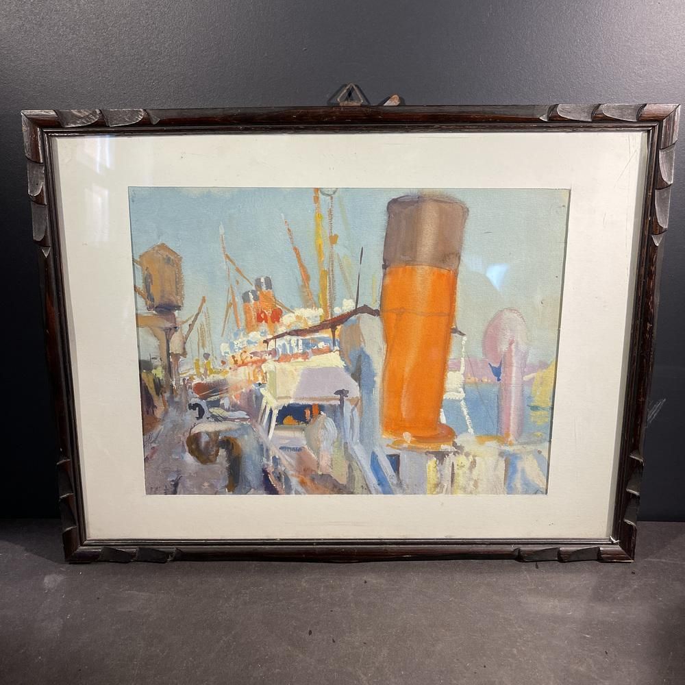 Kunst Jules Van De Leene, Marine Liner At Dock, Jaren 1920, Gouache photo