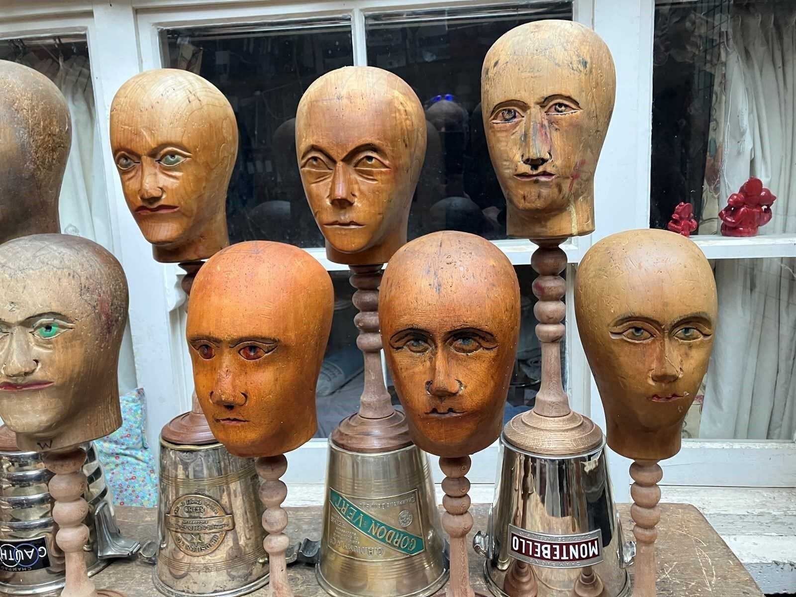 Collection Of 10 Wig Maker's Wooden Heads On Stands (C1900 1925) photo for sale