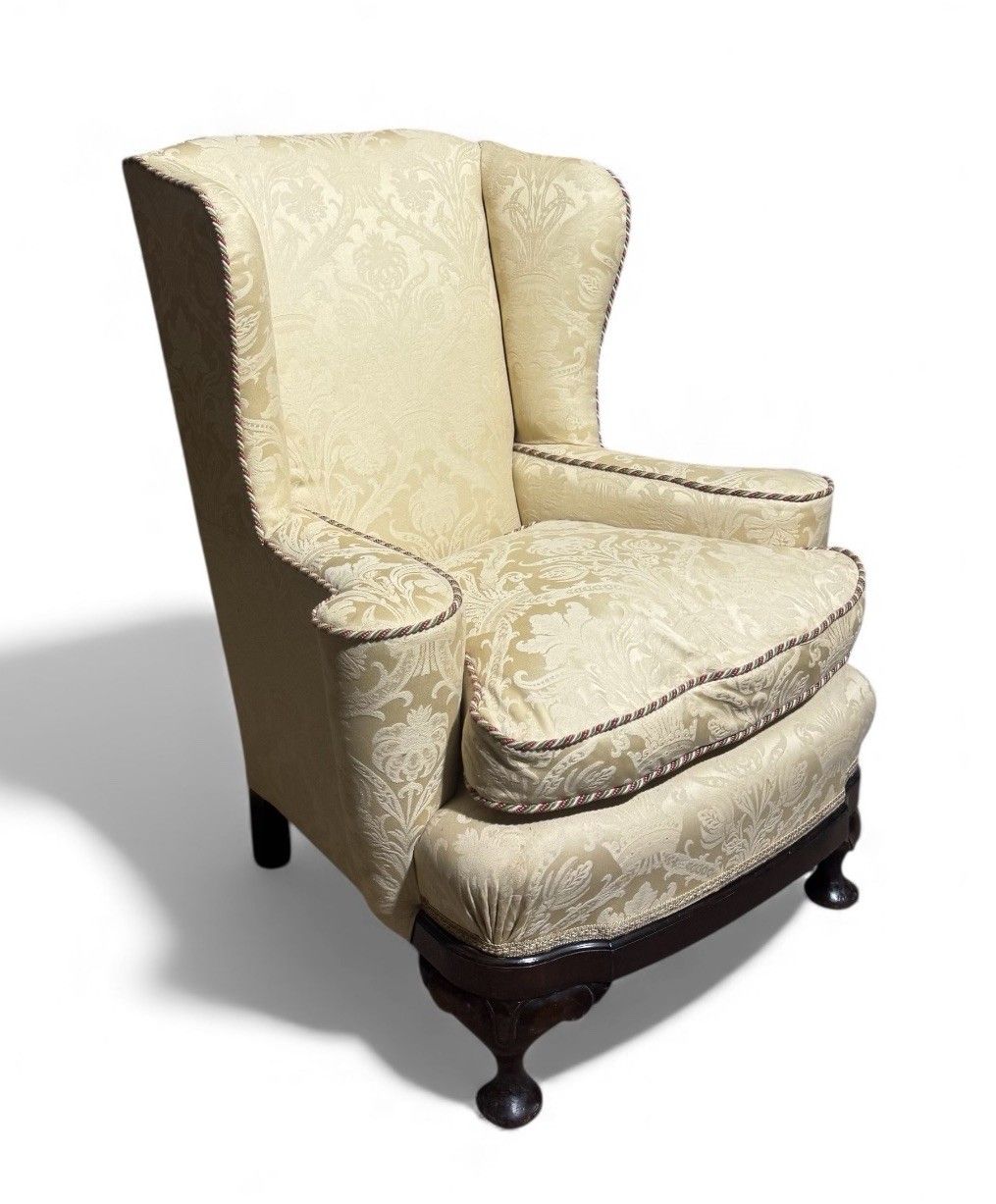 Antique Walnut Armchair Crimson Damask Upholstery Art Deco Style Alfred Allen