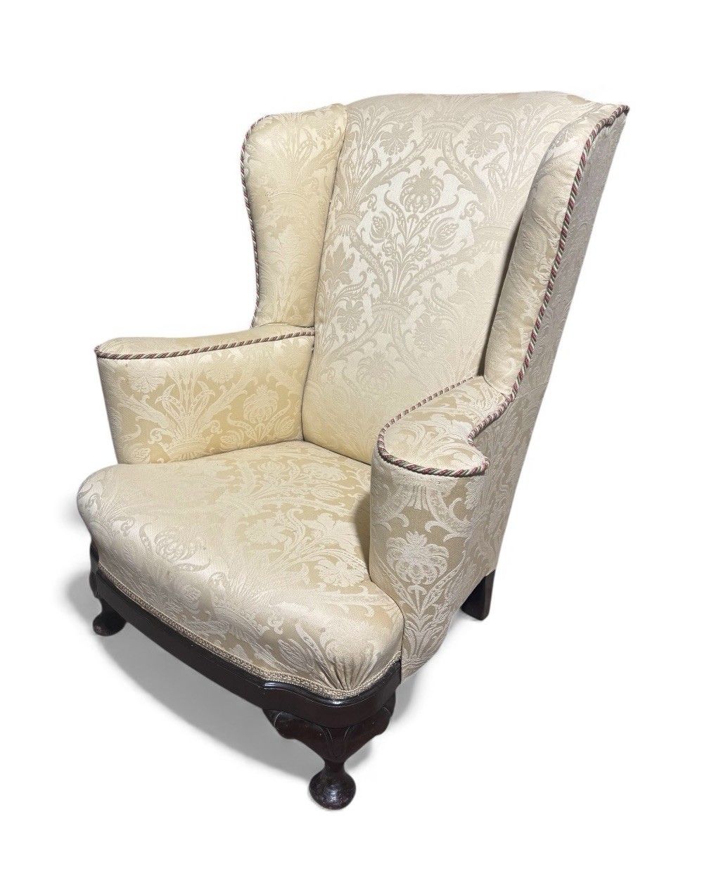 Antique Walnut Armchair Crimson Damask Upholstery Art Deco Style Alfred Allen photo for sale