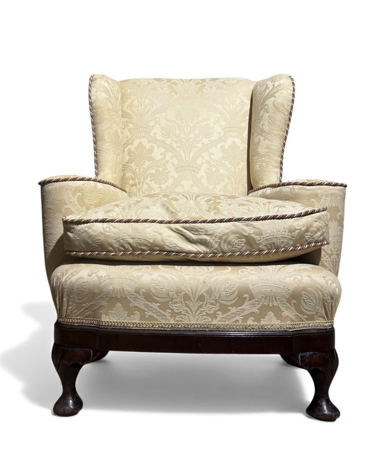 Antique Walnut Armchair Crimson Damask Upholstery Art Deco Style Alfred Allen photo vintage