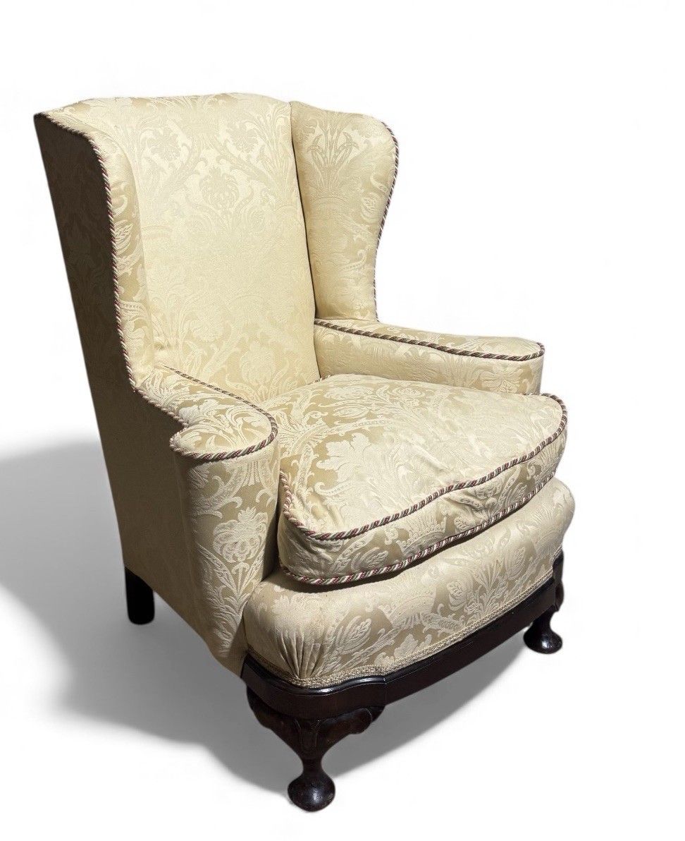 495.0 Antique Walnut Armchair Crimson Damask Upholstery Art Deco Style Alfred Allen photo