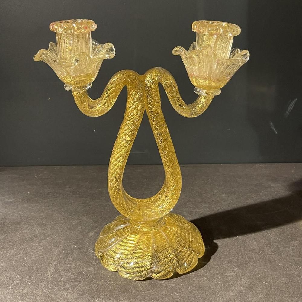 photo for sale Murano Candleholder In Golden Glitter Glass By Ercole Barovier & Toso, 1950s