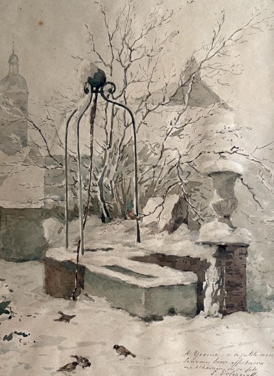 French Winter Courtyard Scene, 1903 – Watercolour By E. Desjardins photo furniture