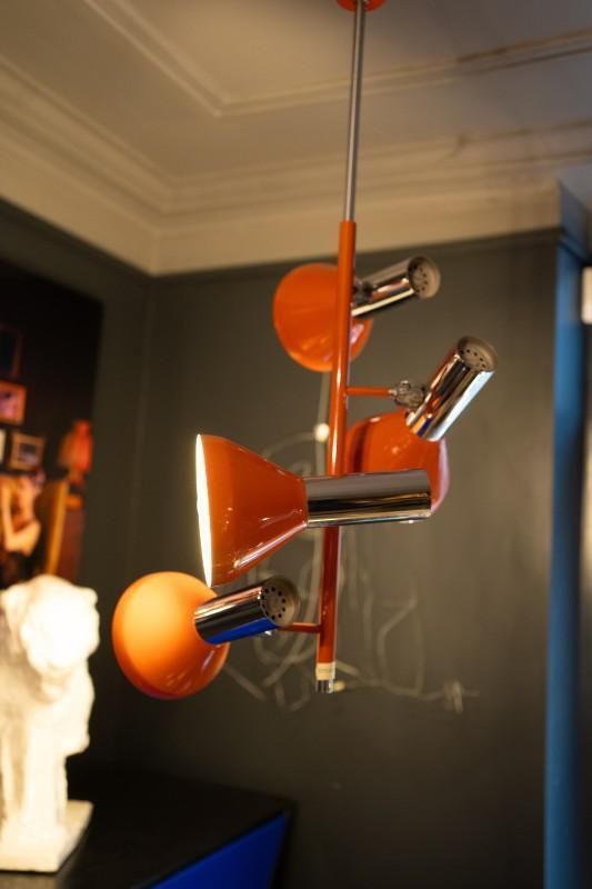 Vintage Space Age Verstelbare Hanglamp Met 4 Spots In Verchroomd Staal & Oranje Lak, Jaren 1970 photo buy