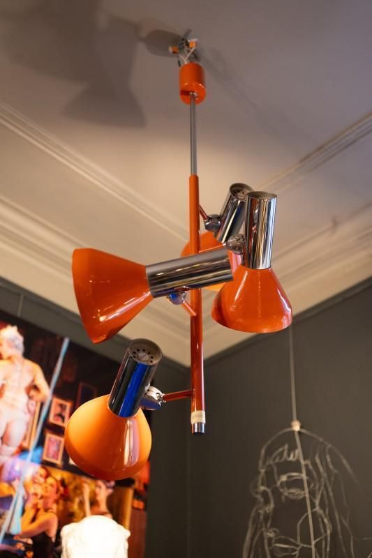 Vintage Space Age Verstelbare Hanglamp Met 4 Spots In Verchroomd Staal & Oranje Lak, Jaren 1970 photo vintage
