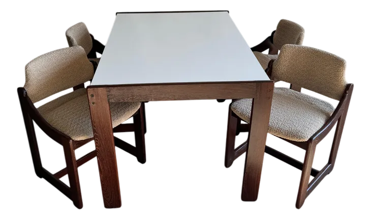 Mid Century Modern White Table And Chairs, Set Of 5