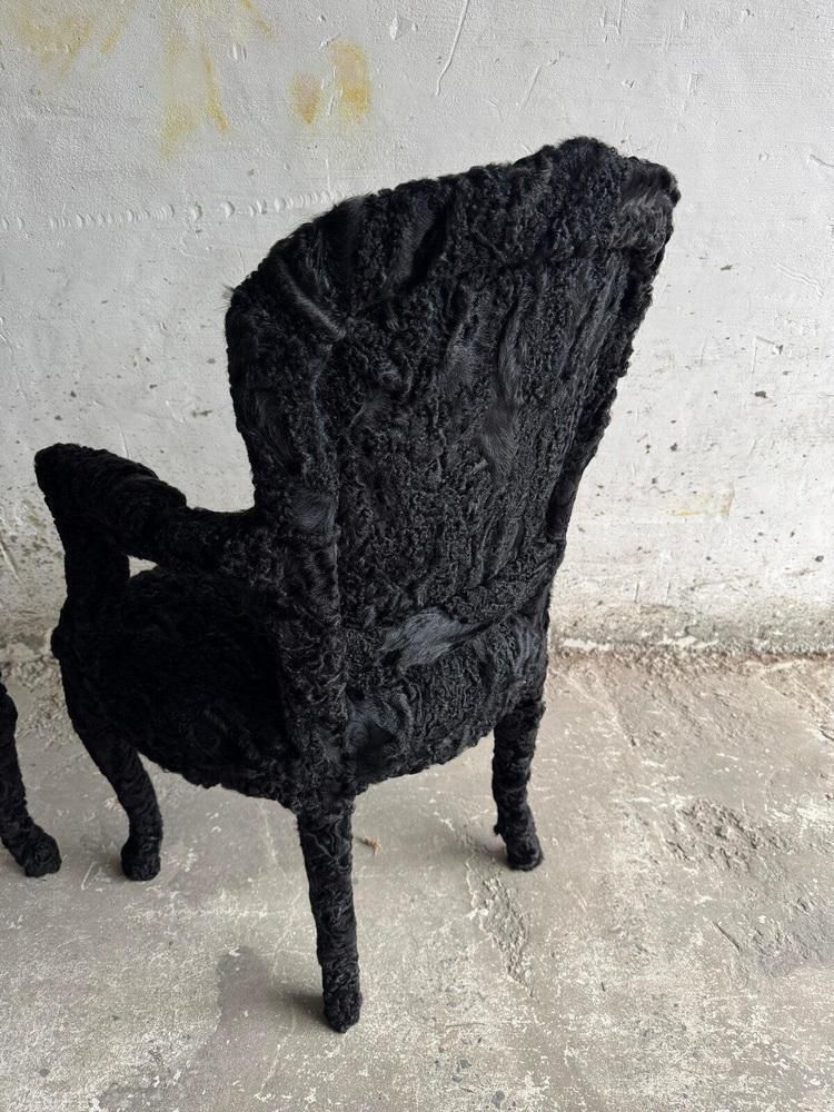 Set Of Theatrical Armchairs In Black Feather Fabric photo vintage