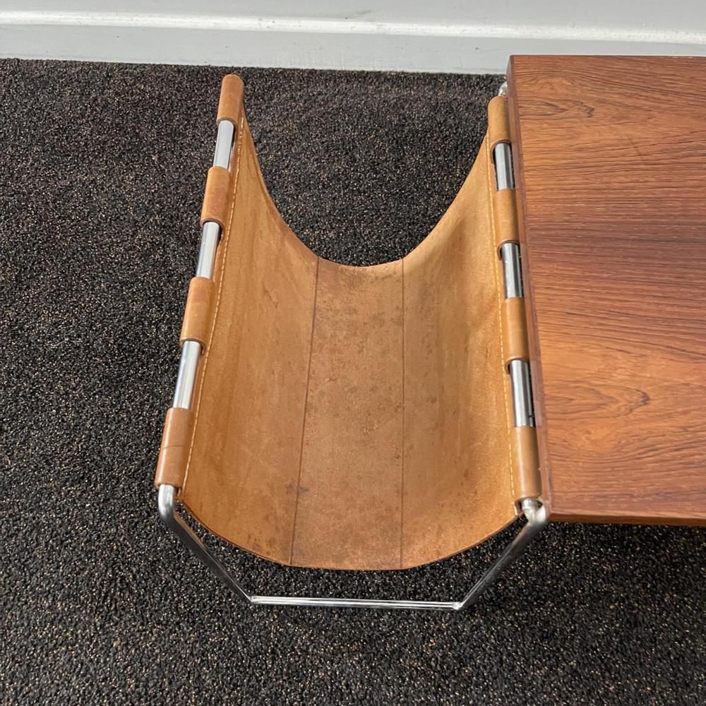 Vintage Leather, Rosewood & Chromed Steel Side Table / Newspaper Rack, 1970s photo vinterior