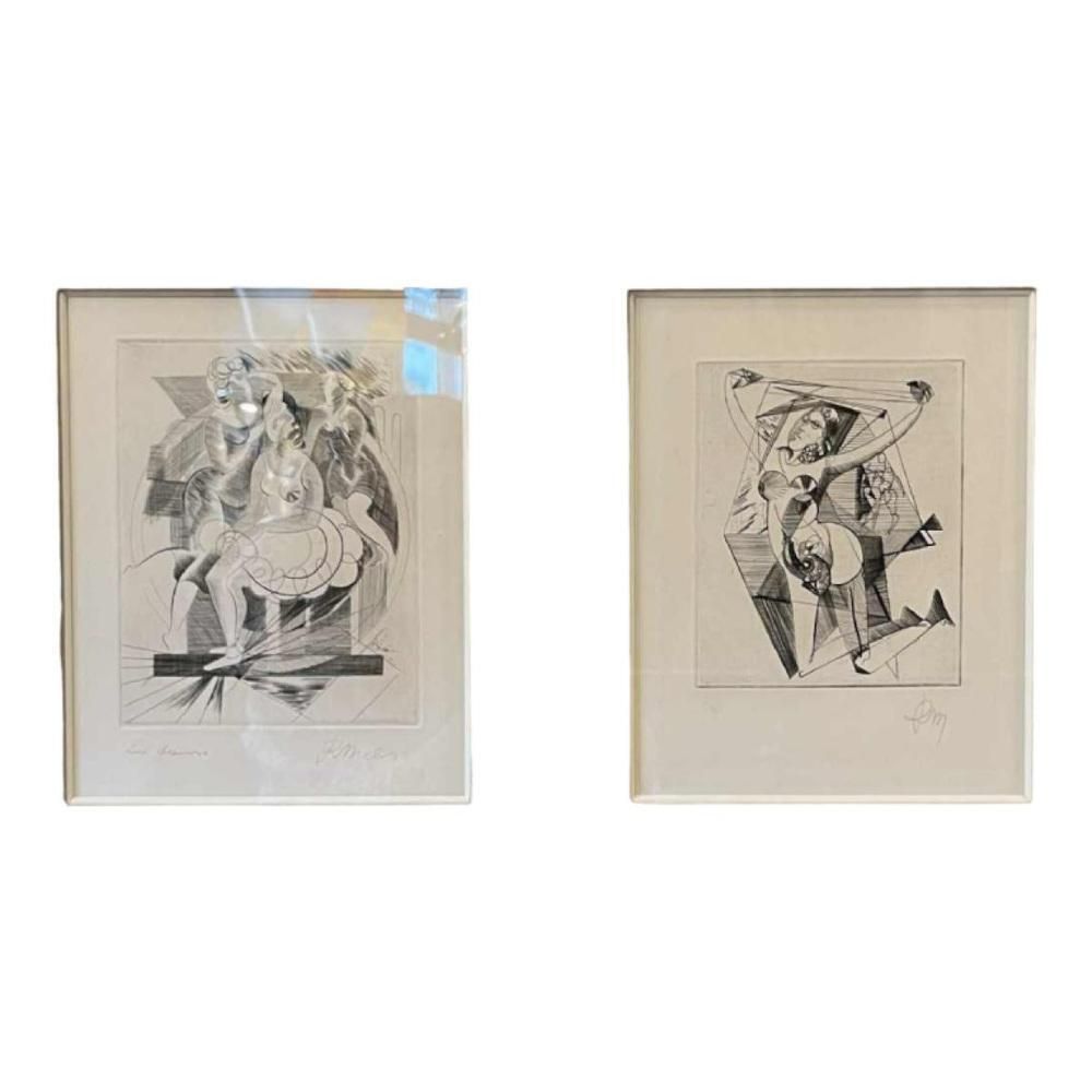 photo vintage René Mels (Meulemans), Compositions, Etchings, 1945, Set Of 2