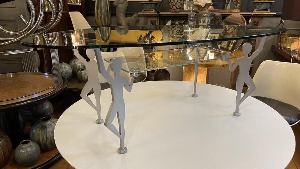 Anthropomorphic Coffee Table In Lacquered Metal And Glass, 1980s photo for sale