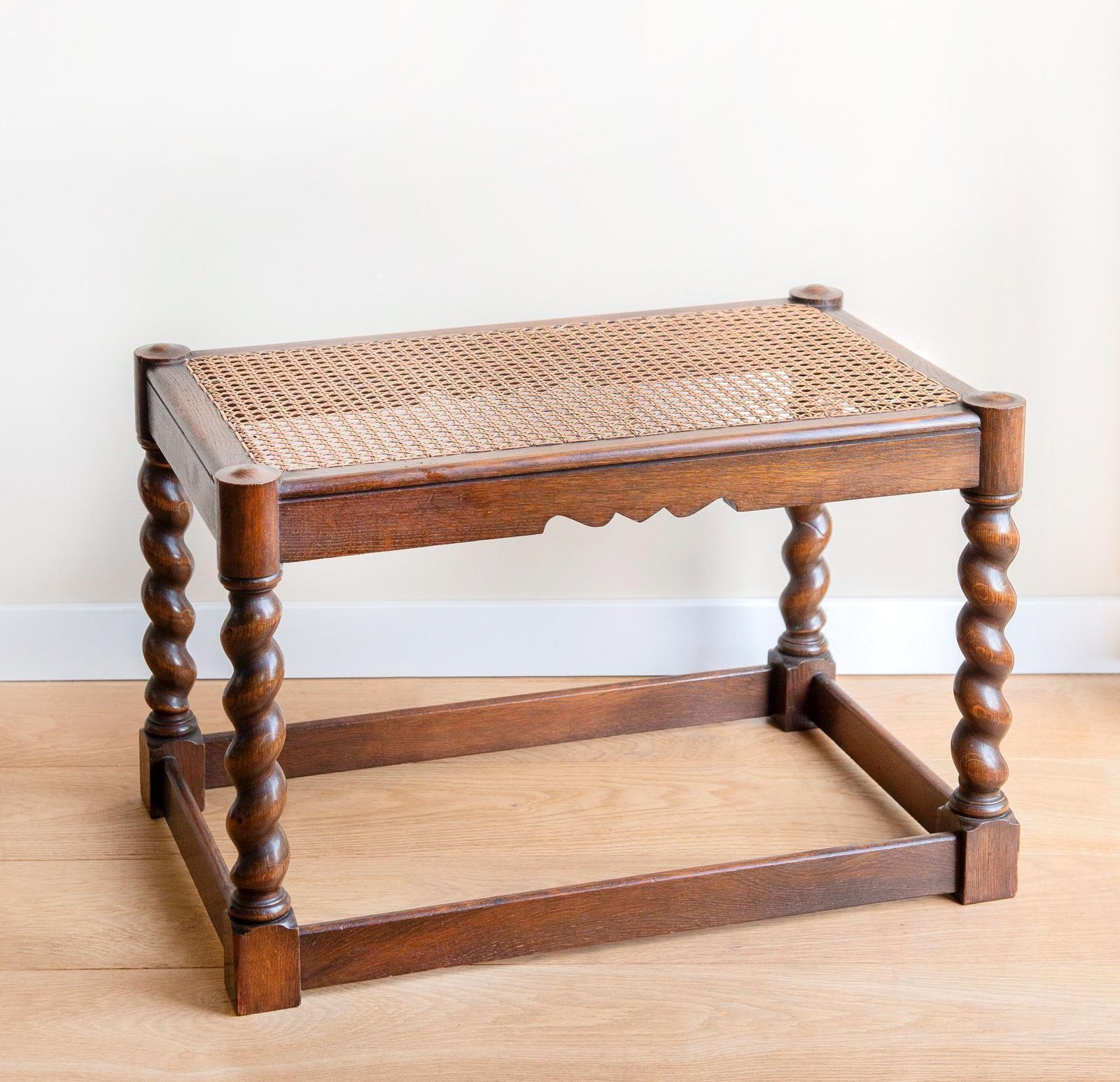 Rustic Oak Bench With Cane Seat – Handmade 1930s Dutch Accent Piece – Dark Brown Webbing Stool – Barley Twist Vintage Home Decor