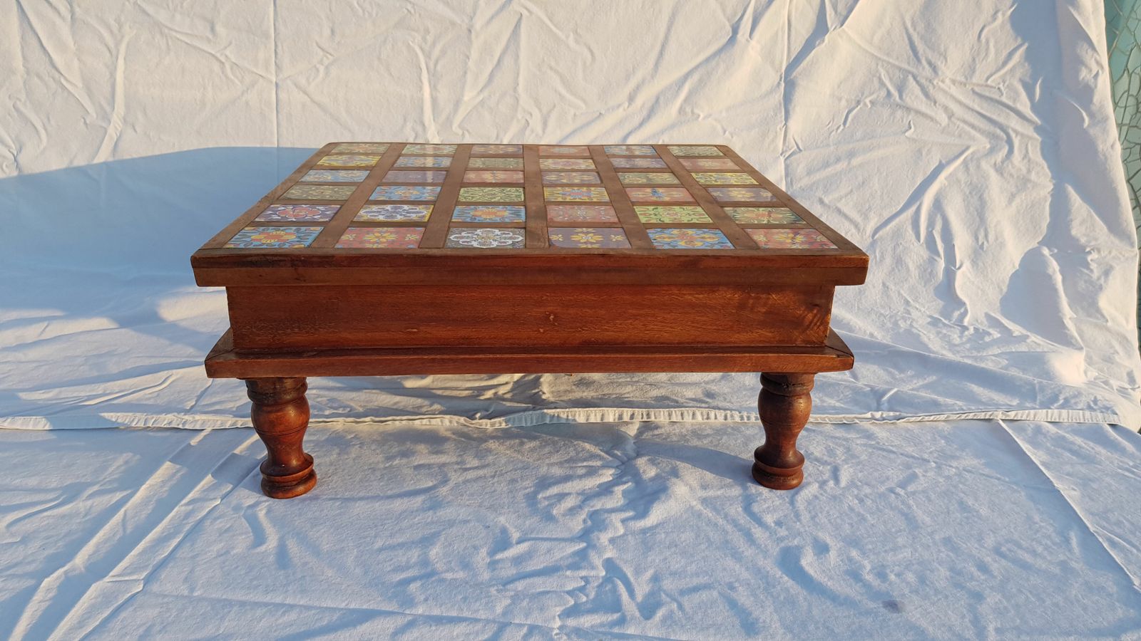 Square Rosewood Tea Table With 36 Small Hand Painted Ceramic Tiles photo furniture