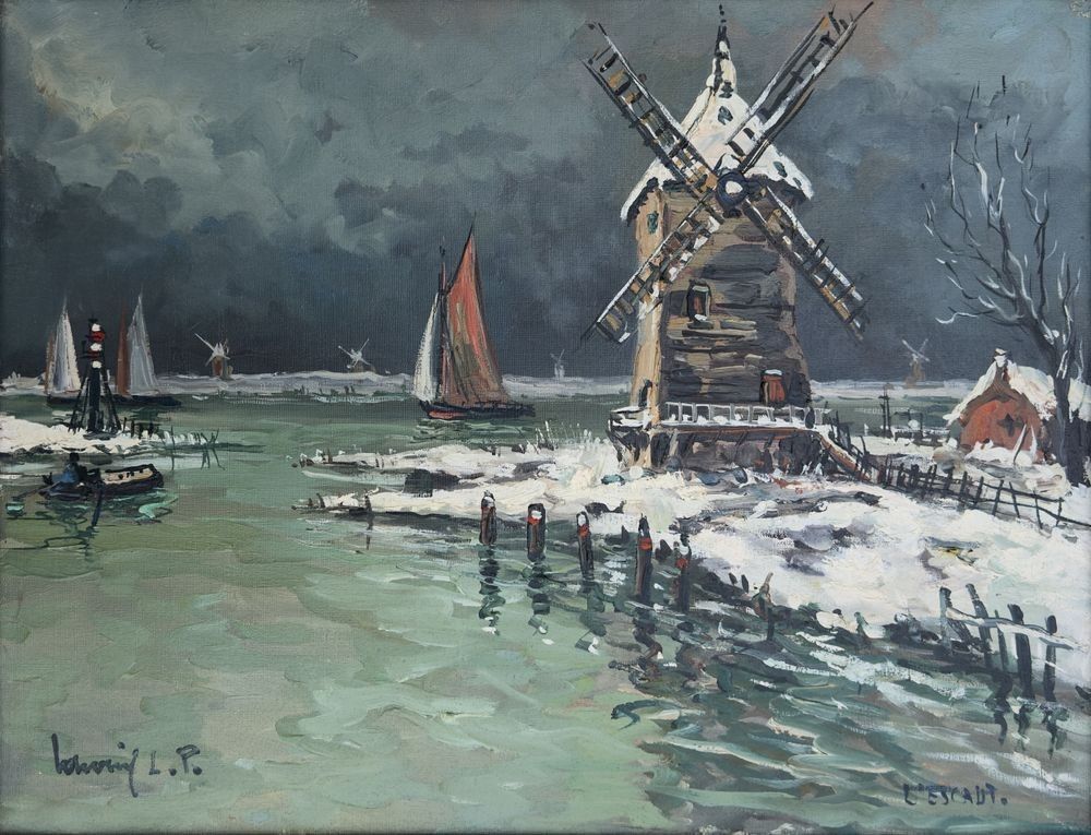 Robert L.P. Laval Original Oil On Canvas Painting Signed Scheldt Antwerp photo for sale