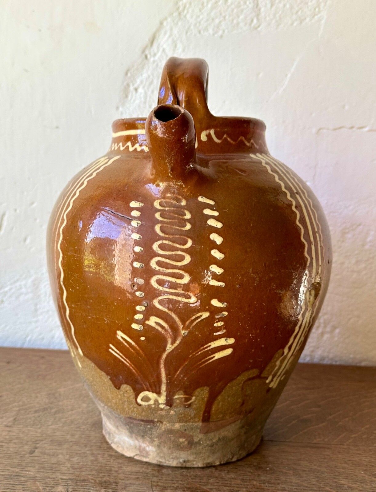 Large Antique French Terracotta Gargoulette Jug Pitcher Saône Slipware 19thc