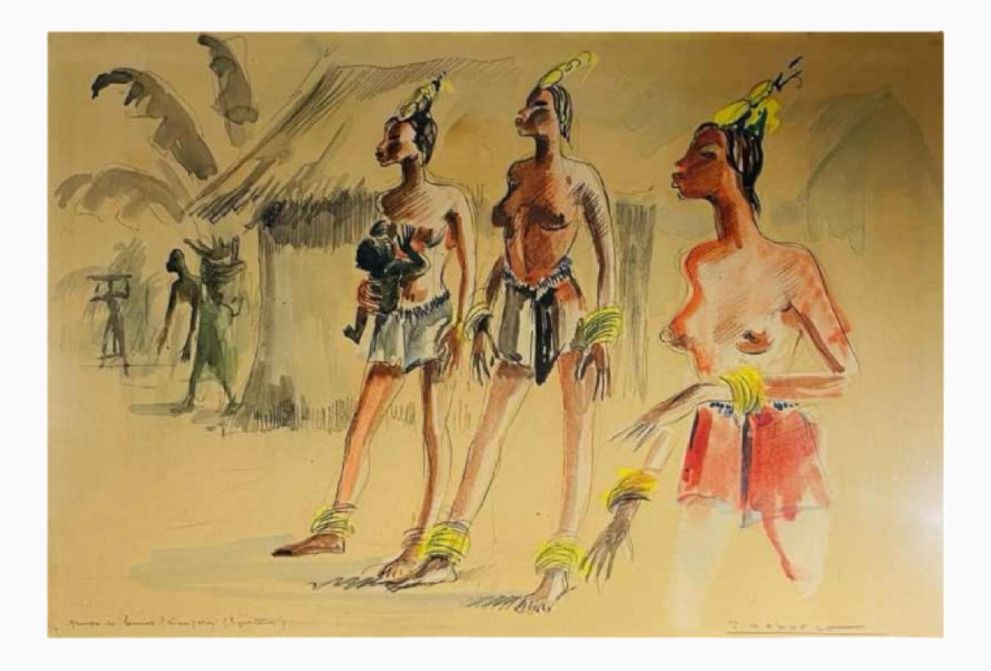 Paul Daxhelet, Centraal Afrikaanse Primiparae Vrouwen, Ca. Jaren 1950, Gemengde Techniek Op Papier