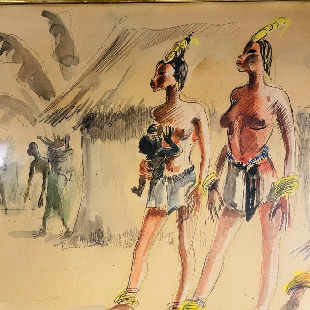 Paul Daxhelet, Central African Primiparous Women, 1950s, Mixed Media On Paper photo Art
