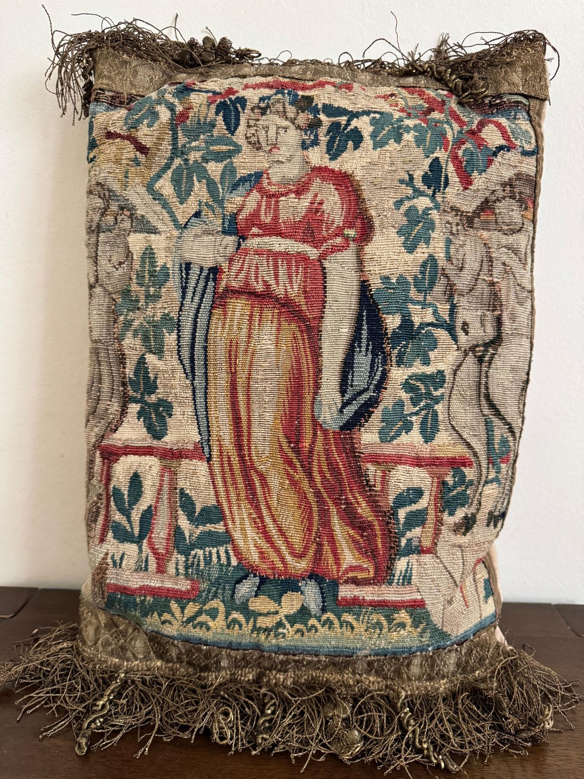 17th Century Pair Of Flemish Tapestry Fragment Pillows photo for sale