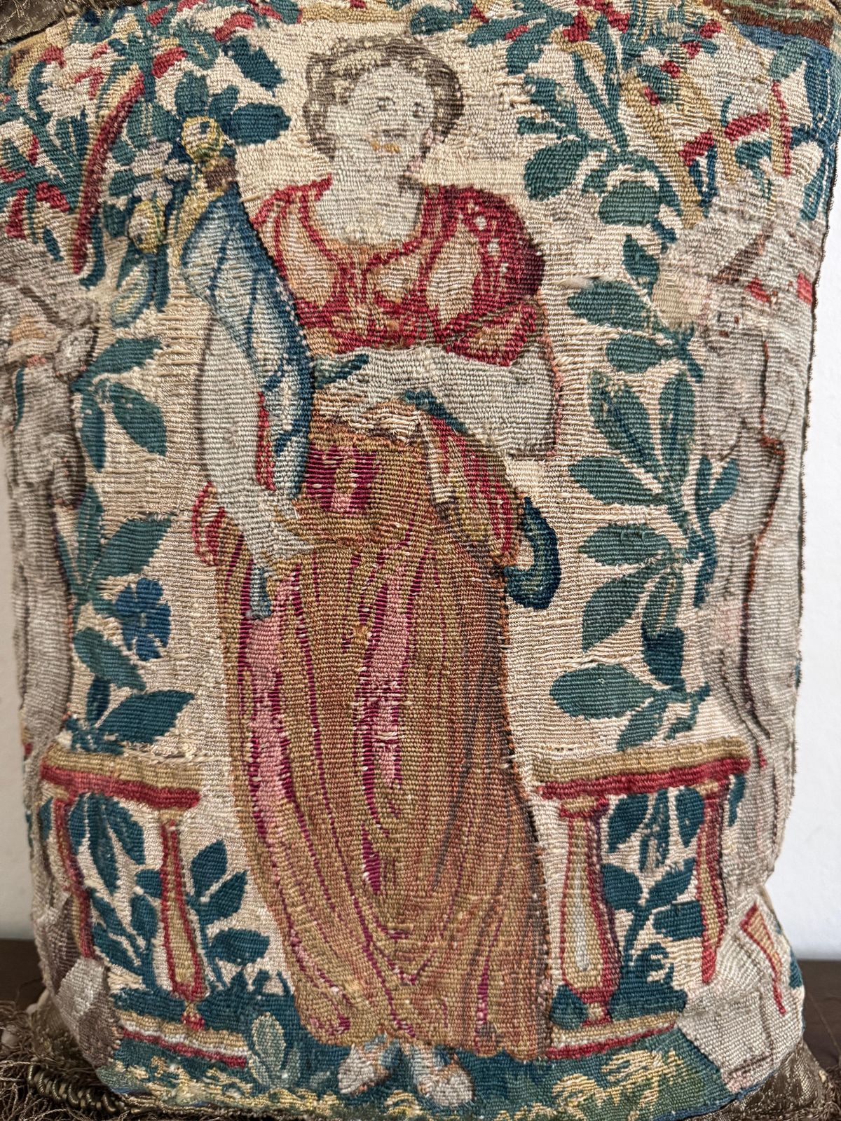 17th Century Pair Of Flemish Tapestry Fragment Pillows photo vintage