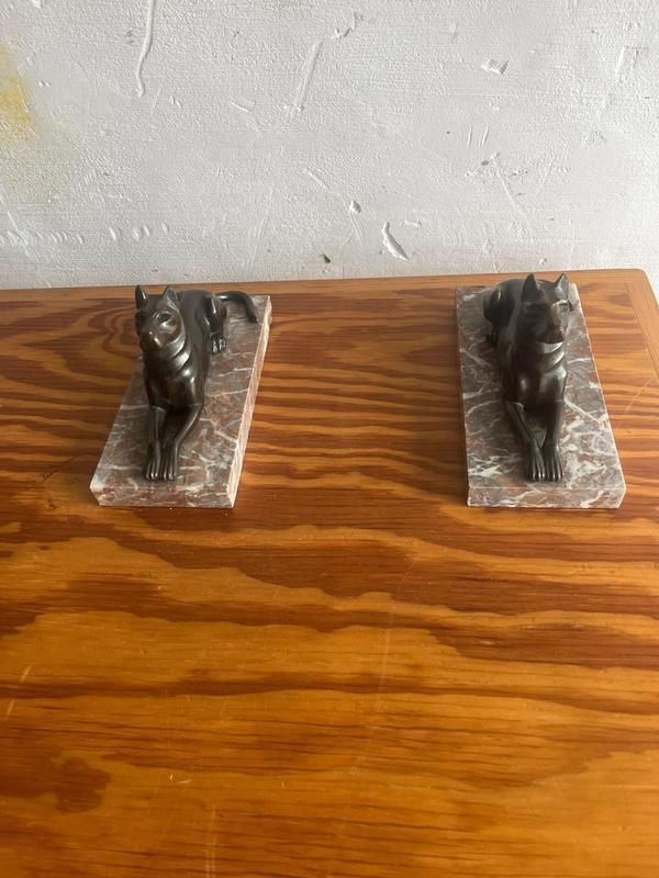 Art Deco Bronze Dog Bookends On Marble Base, 1930s, Set Of 2 photo 276.0