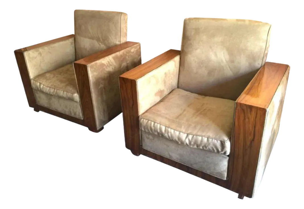 Set Of Art Deco Club Armchairs In Alcantara & Walnut, 1930