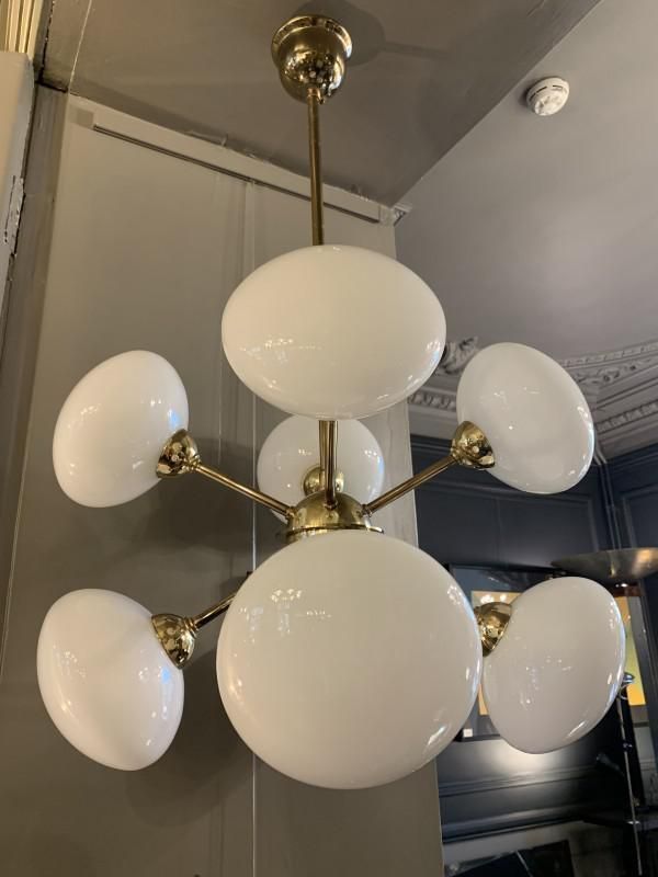 Sputnik Chandelier In Golden Brass With 8 Opaline Glass Ball Globes, 1970s photo for sale