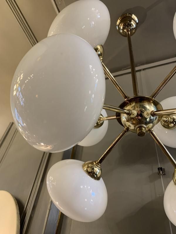photo furniture Sputnik Chandelier In Golden Brass With 8 Opaline Glass Ball Globes, 1970s