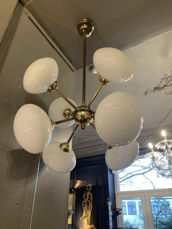 photo for sale Sputnik Chandelier In Golden Brass With 8 Opaline Glass Ball Globes, 1970s