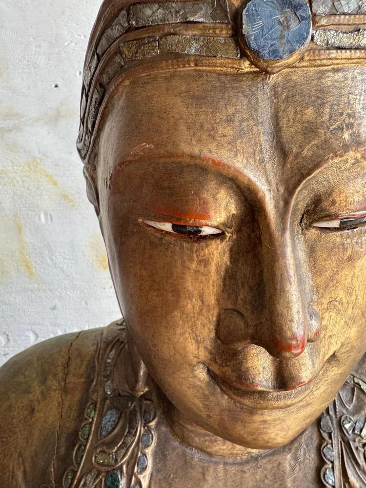Large Seated Buddha Sculpture In Carved Base Gilded Wood photo for sale