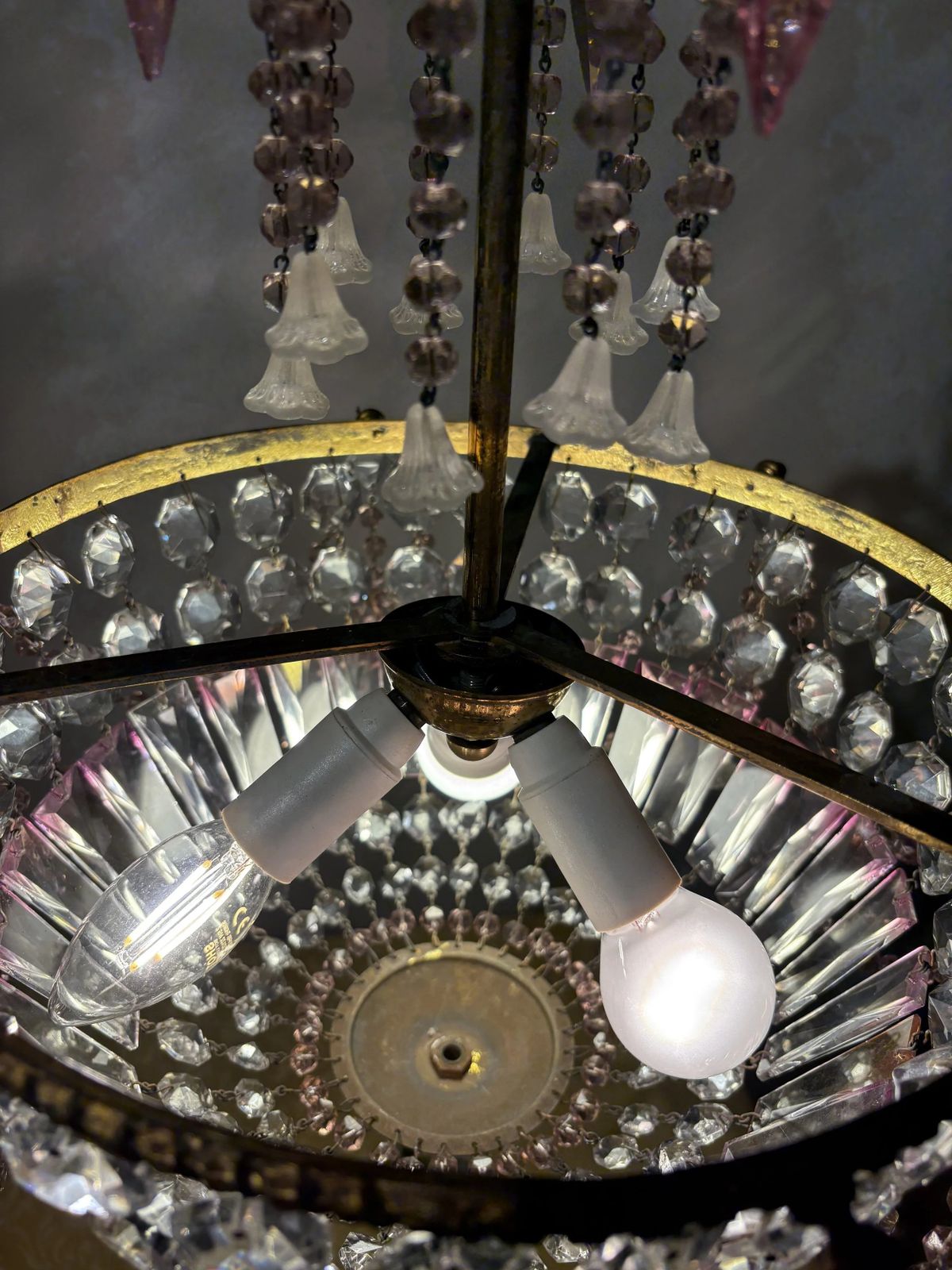 Italian Mid Century Brass And Bohemian Crystal Chandelier photo vintage