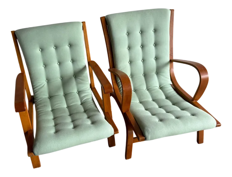 Set Of Vintage Lounge Chairs With Mint Green Cushions