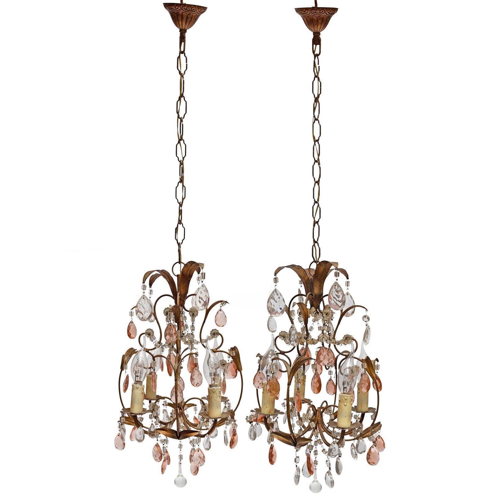 Pair Of Small 'Cosy' Chandeliers From Italy With Amber And White Cut Droplets photo for sale