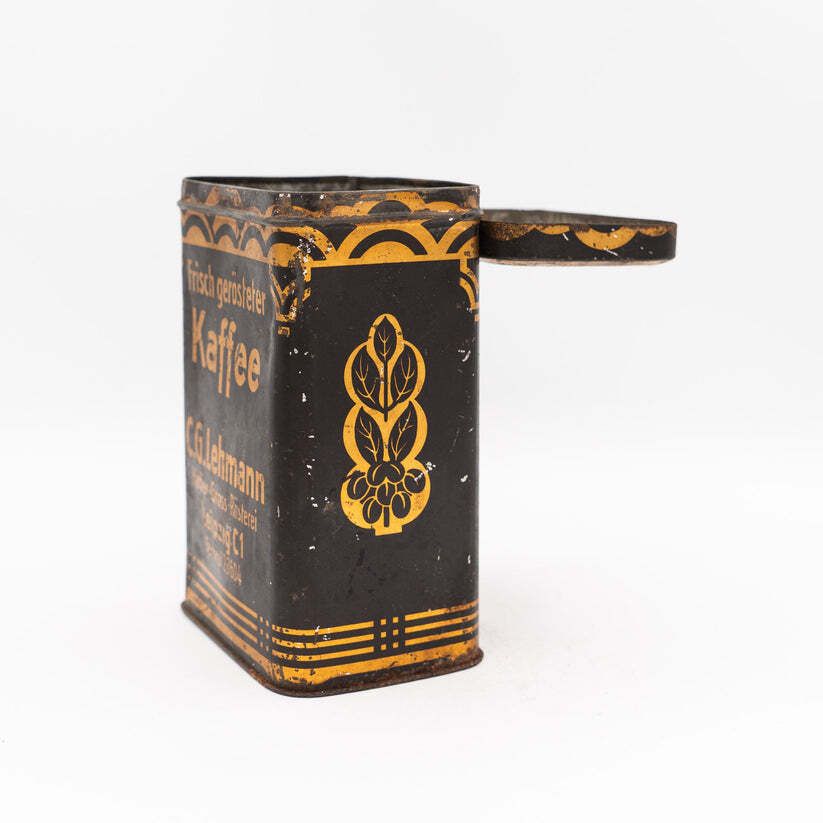 Lehmann Kaffee Advertising Tin, Leipzig   Black & Gold   1940s–50s photo vinterior