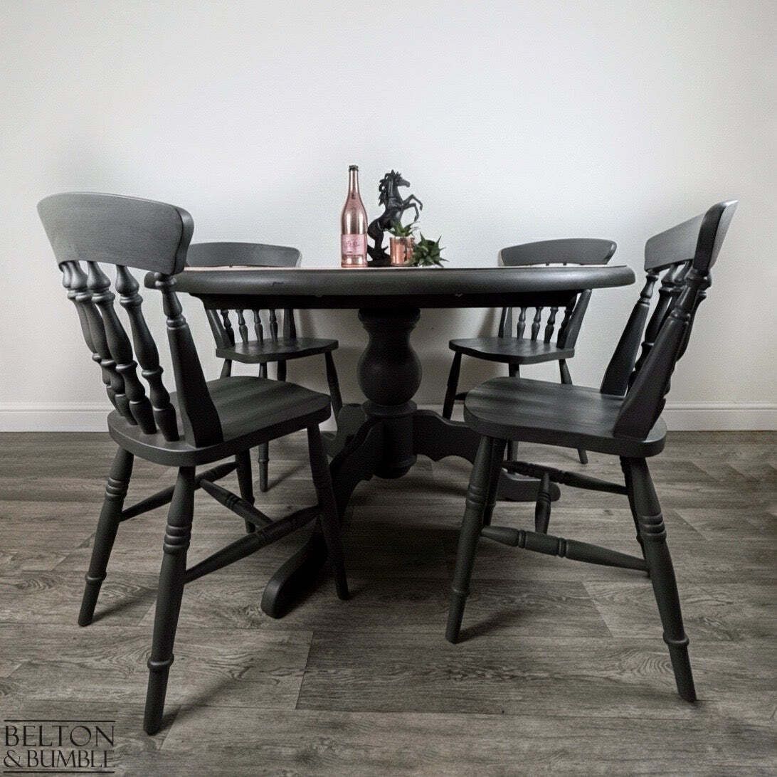 Circular Pedestal Dining Table Set With Four Farmhouse Chairs — Dark Grey