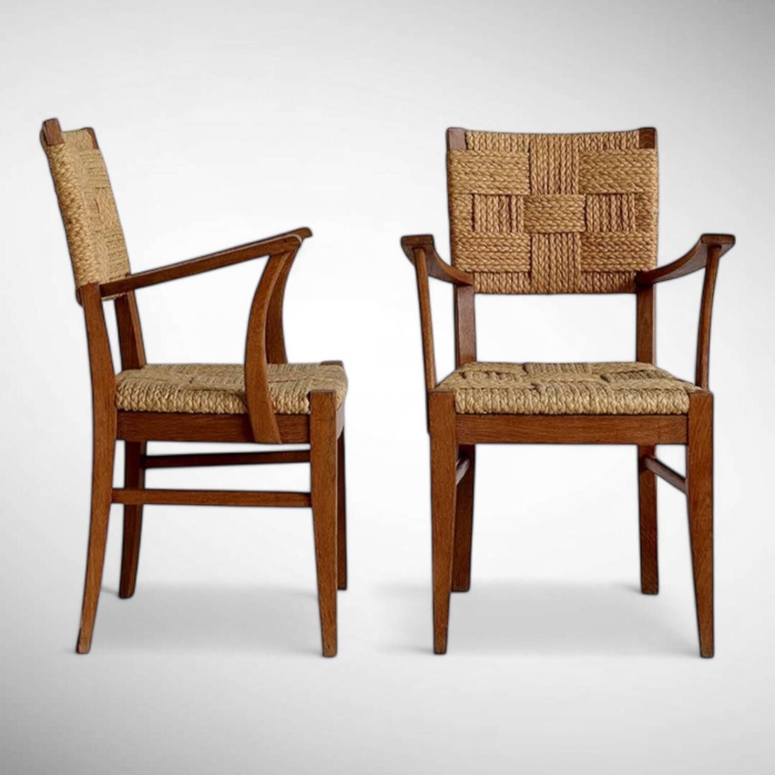Pair Of Armchairs In Braided Raffia, Audoux Minet, 1950 photo for sale