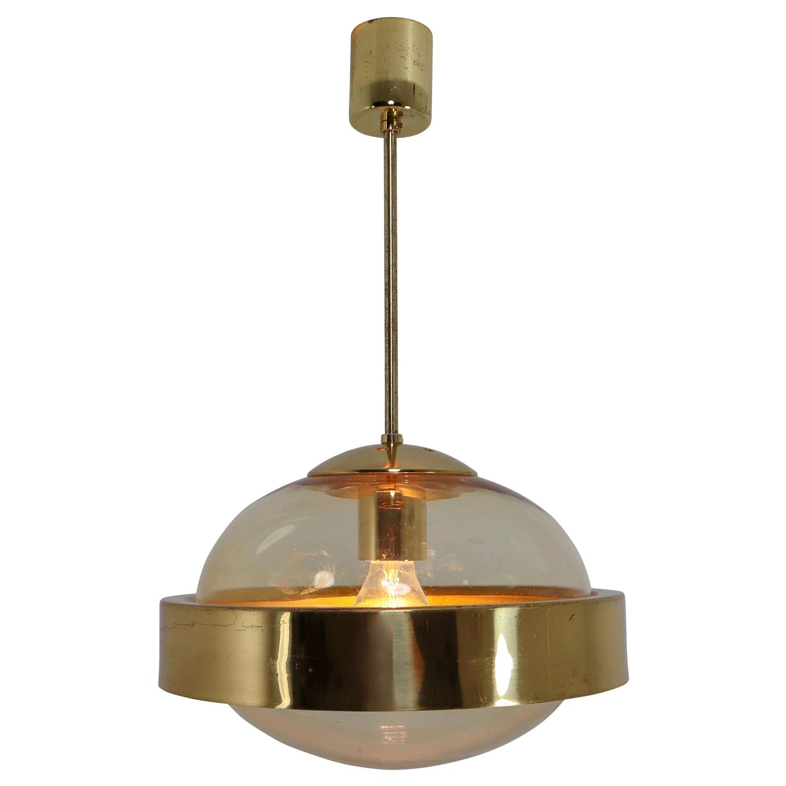 Mid Century Modernist Hand Blowed Glass And Brass Pendant, 1960s