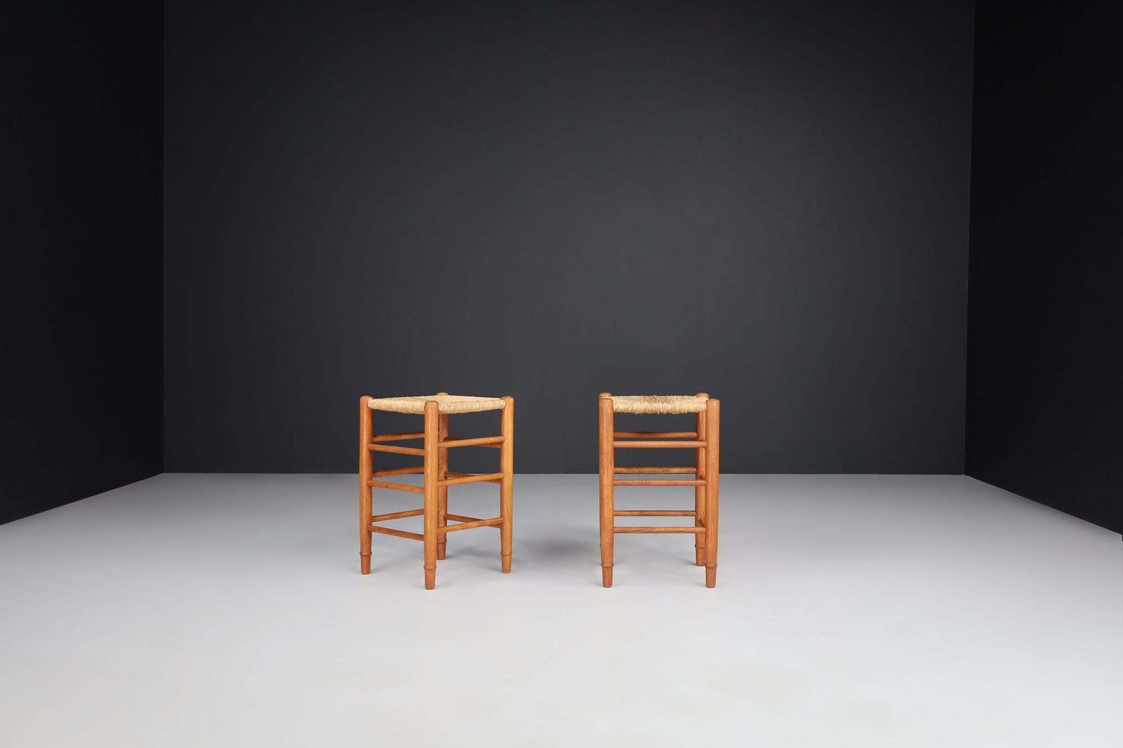 Mid Century Modern Pinewood And Rush Stools In The Style Of Charlotte Perriand photo for sale