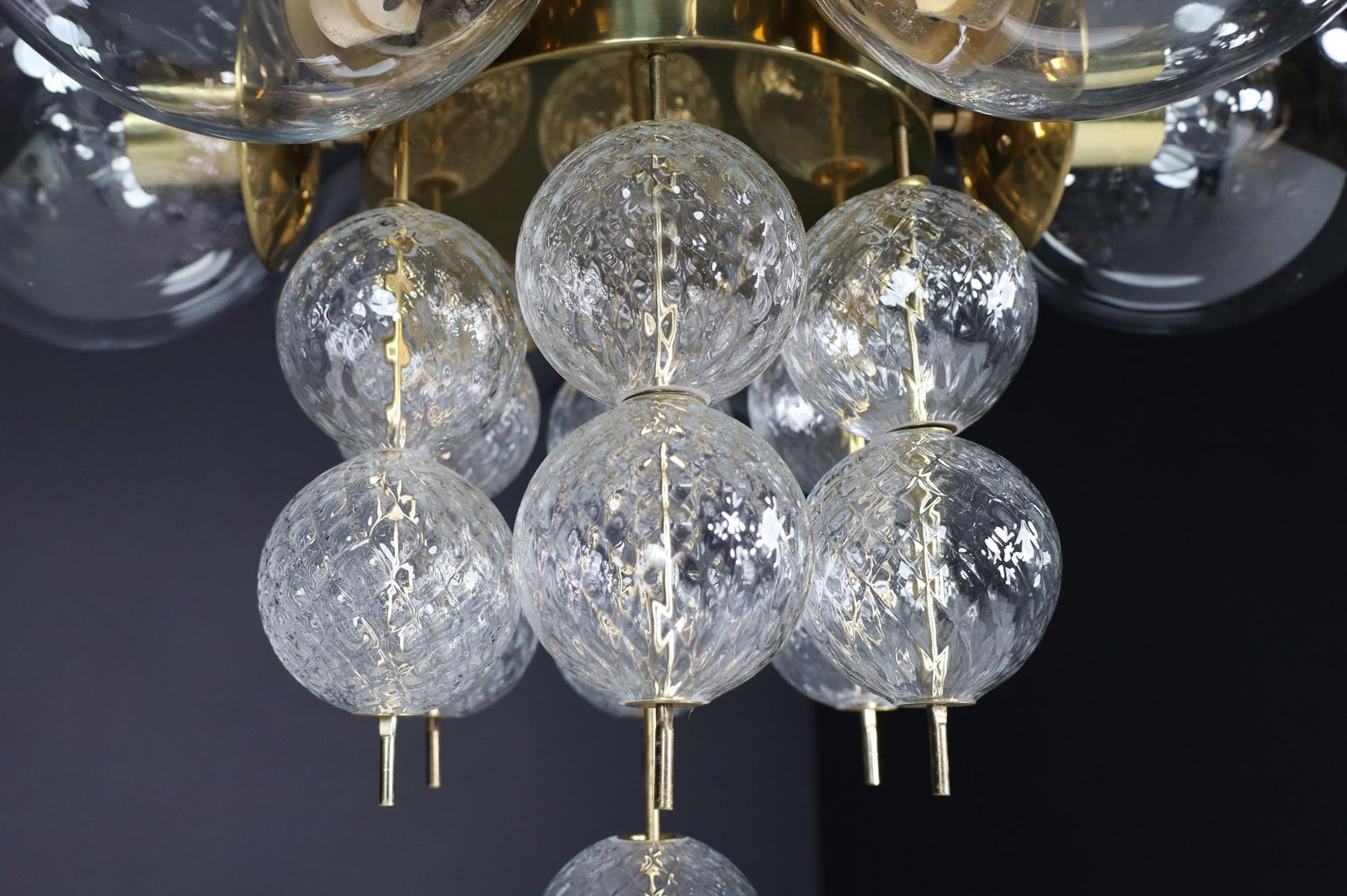 Mid Century Chandelier With Brass Fixture And  Glass Globes By Preciosa, Czechia photo Lighting