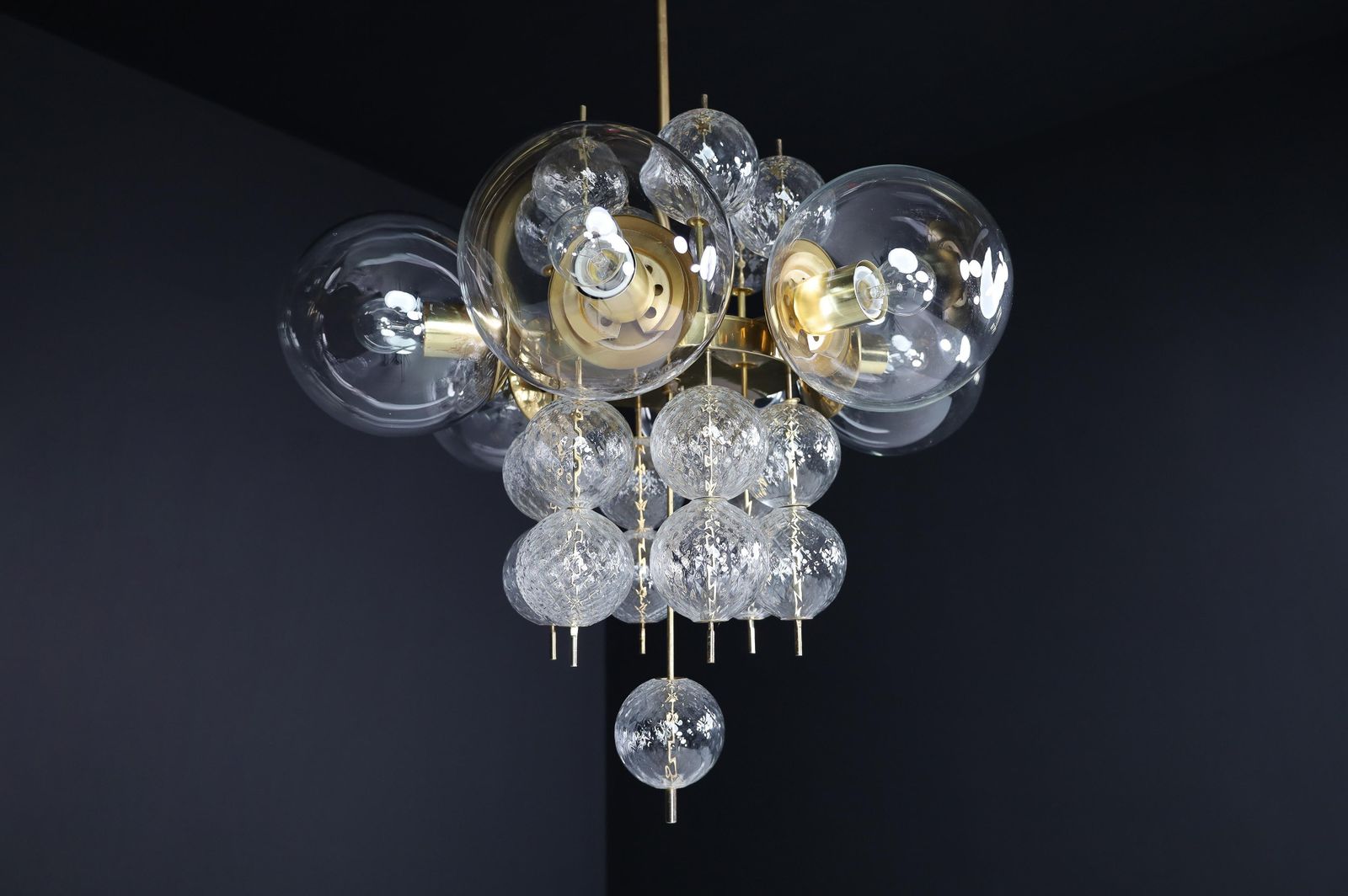Lighting Mid Century Chandelier With Brass Fixture And  Glass Globes By Preciosa, Czechia photo