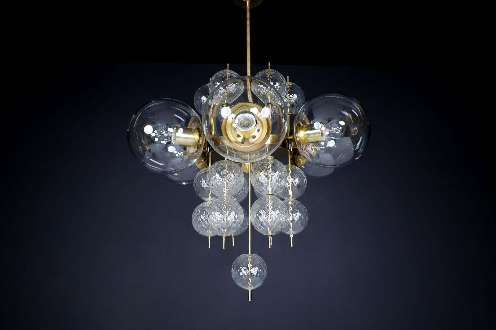 4401.0 Mid Century Chandelier With Brass Fixture And  Glass Globes By Preciosa, Czechia photo