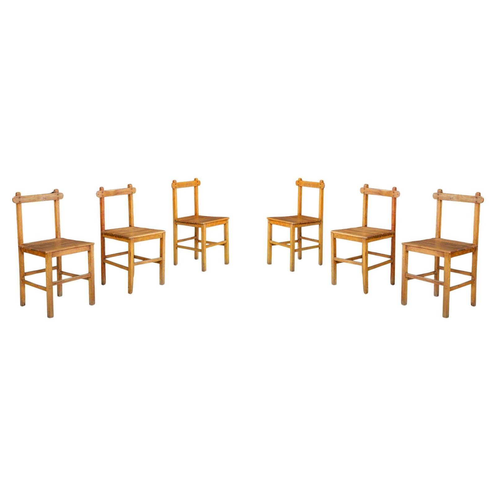 Set Of 6 Primitive Rustic Beech Dining Chairs, France, 1950s