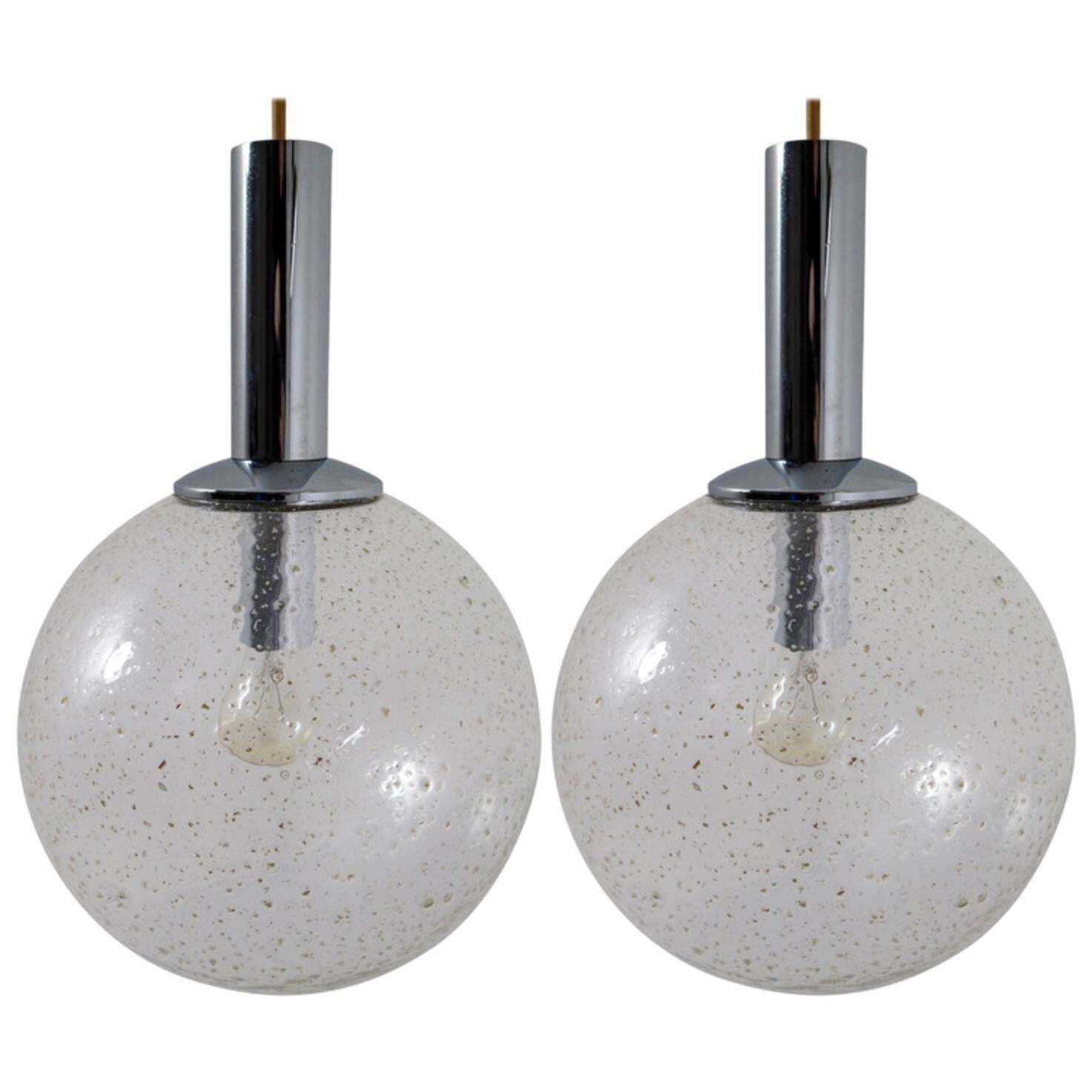 Pair Of Midcentury Bubble Glass Globe Pendant By Glashütte Limburg Germany, 1960