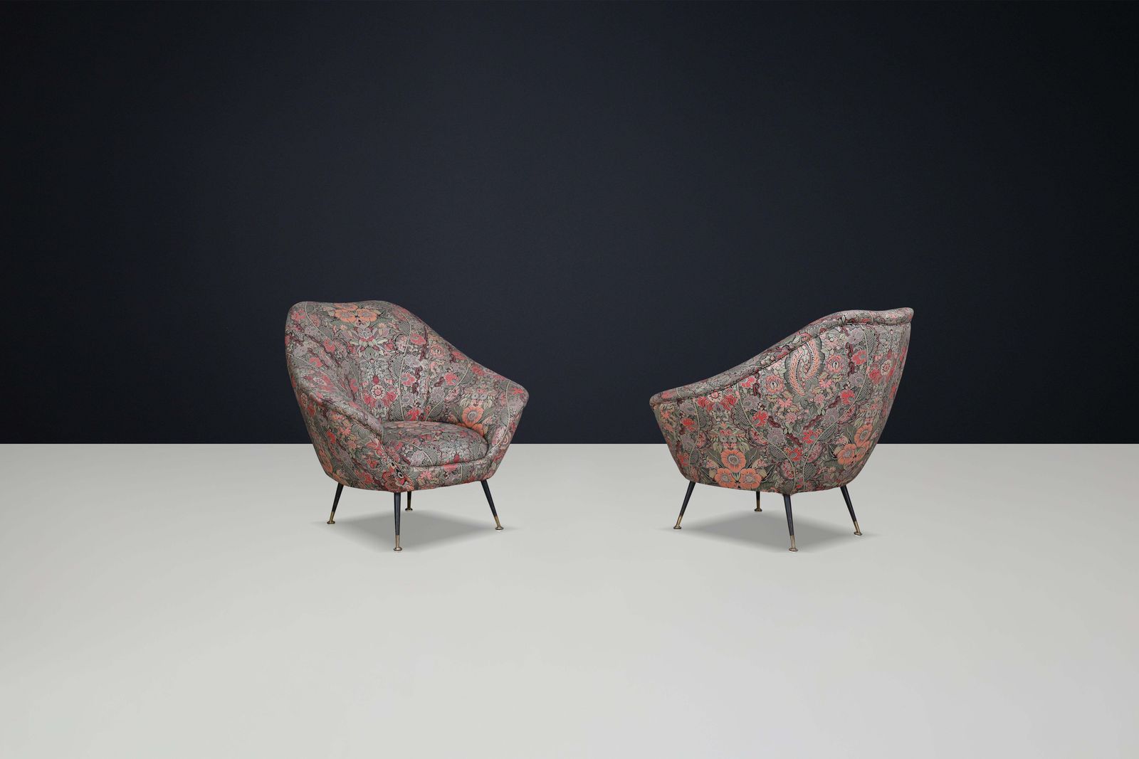 photo for sale Federico Munari Armchairs In Original Floral Upholstery With Brass Feet.