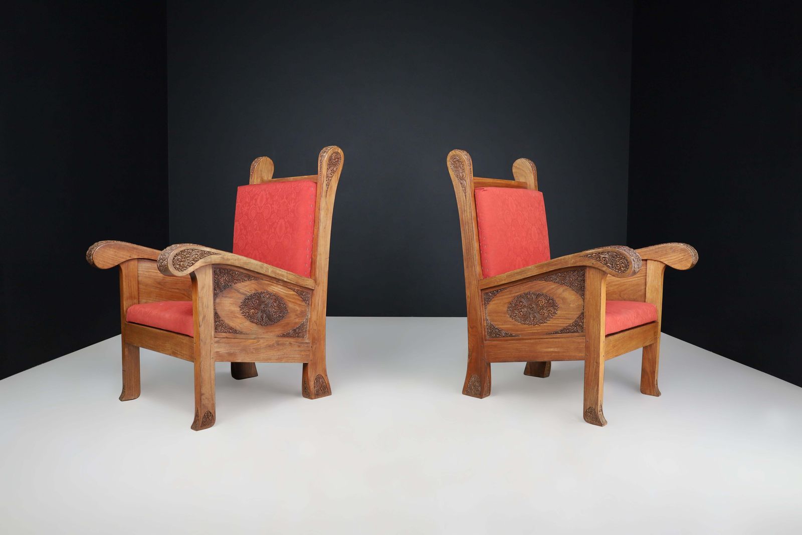 Hand Carved Walnut High Back Chairs, Indonesia, Early 20th Century photo for sale