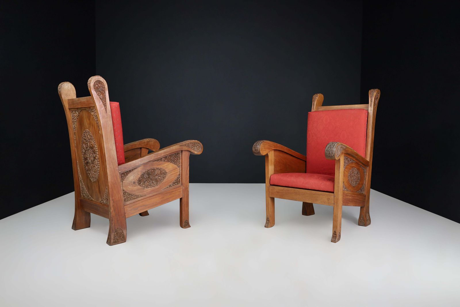 Hand Carved Walnut High Back Chairs, Indonesia, Early 20th Century photo buy