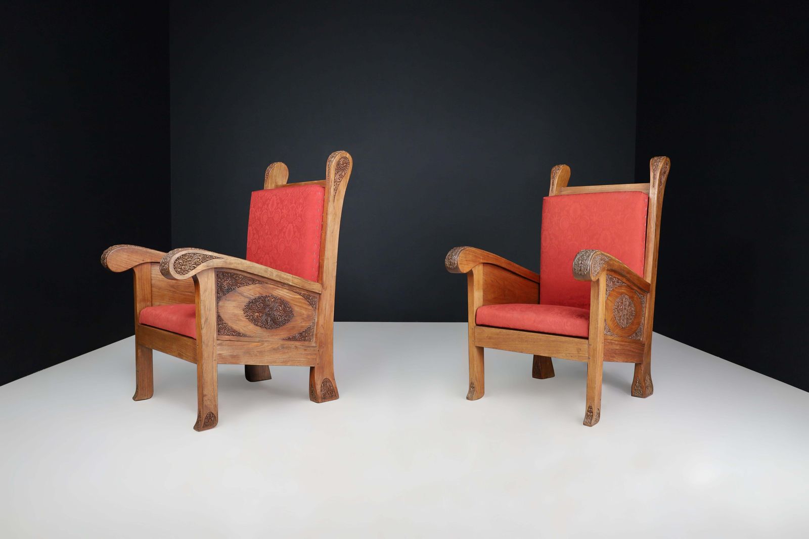 Hand Carved Walnut High Back Chairs, Indonesia, Early 20th Century photo vintage