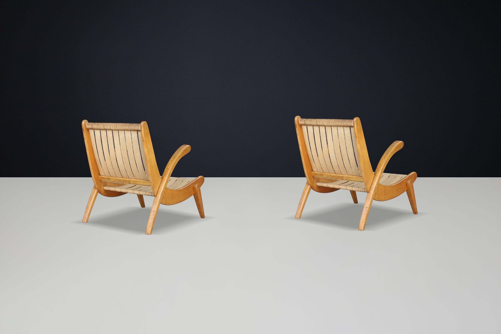 Jan Vanek's Curved Easy Chairs Curved Oak, Canvas And Original Upholstery 1950s photo Furniture