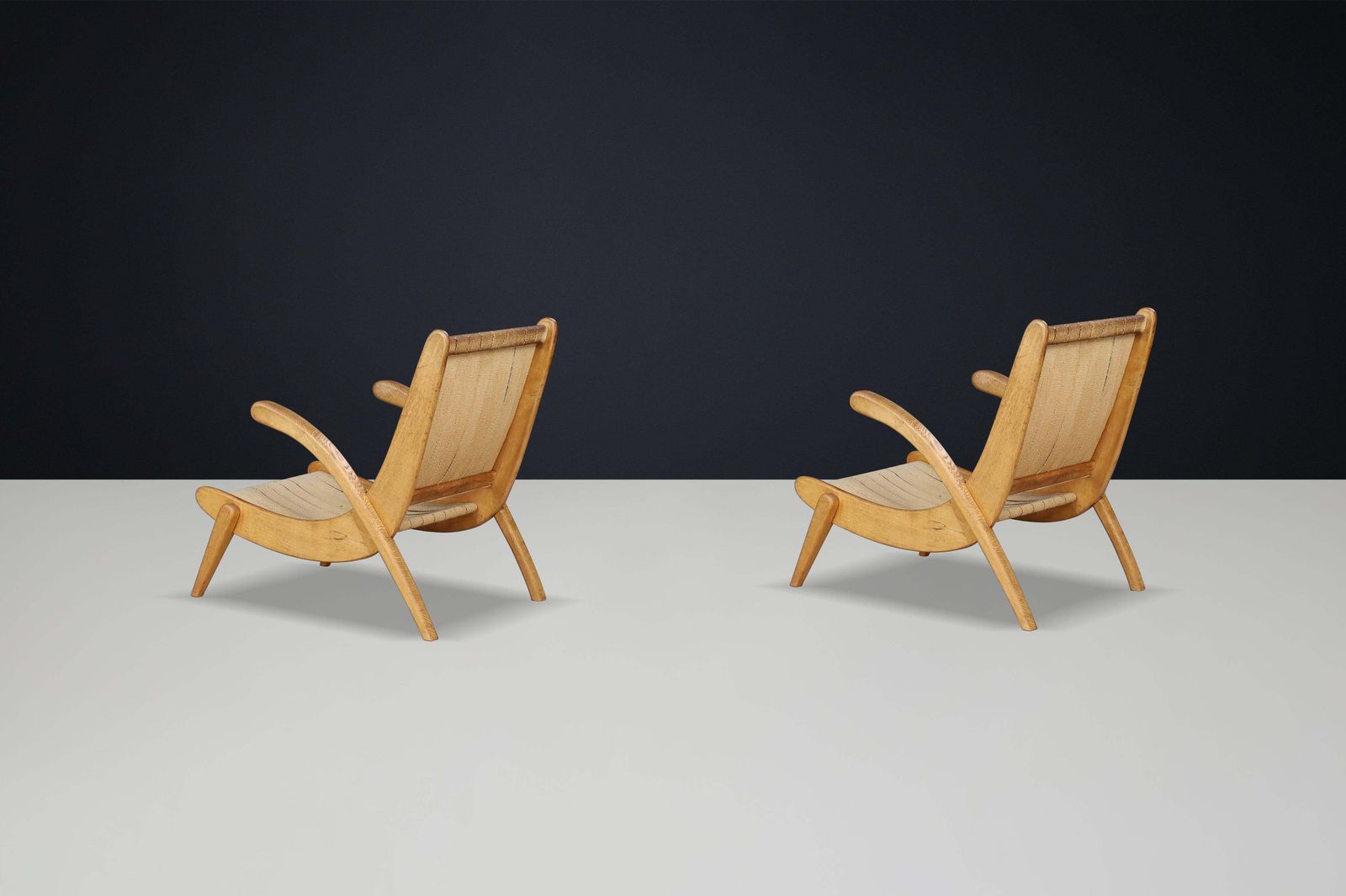 Jan Vanek's Curved Easy Chairs Curved Oak, Canvas And Original Upholstery 1950s photo 2757.0