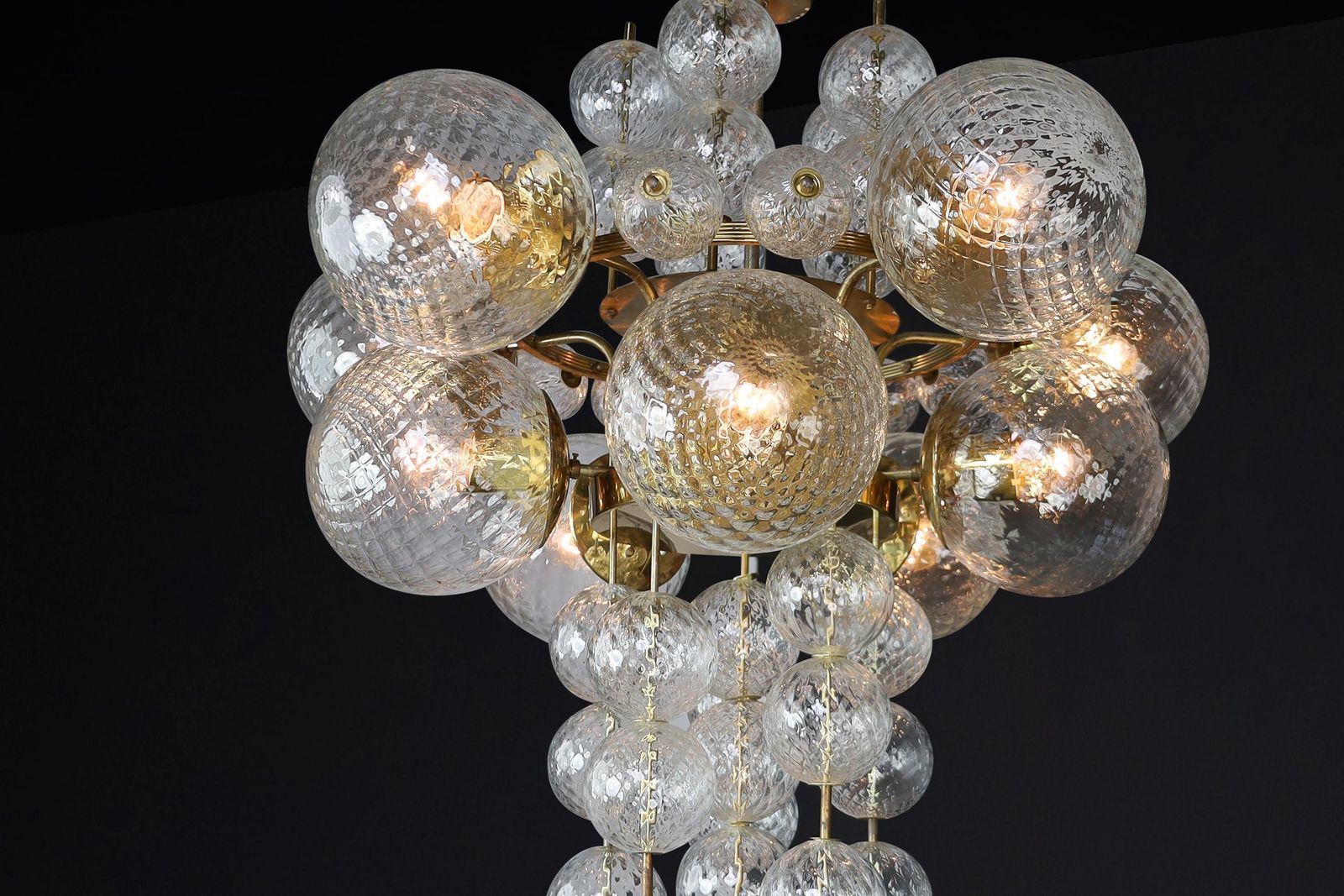 Chandelier With Patinated Brass Fixture And Hand Blowed Glass Globes  Cz 1960s photo for sale