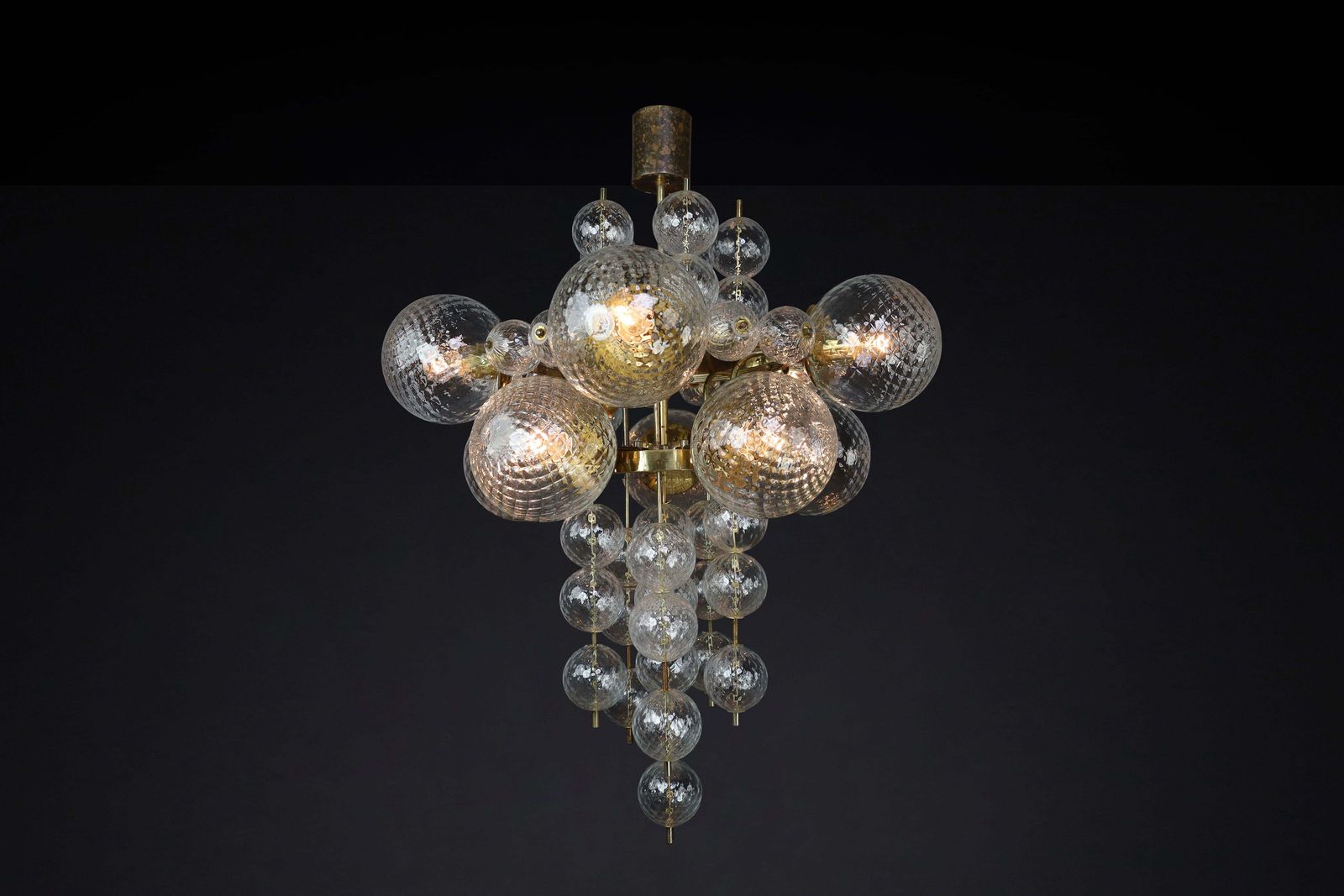 Chandelier With Patinated Brass Fixture And Hand Blowed Glass Globes  Cz 1960s photo Lighting